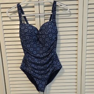 Navy Blue Patterned One-Piece Swimsuit with Supportive Cups